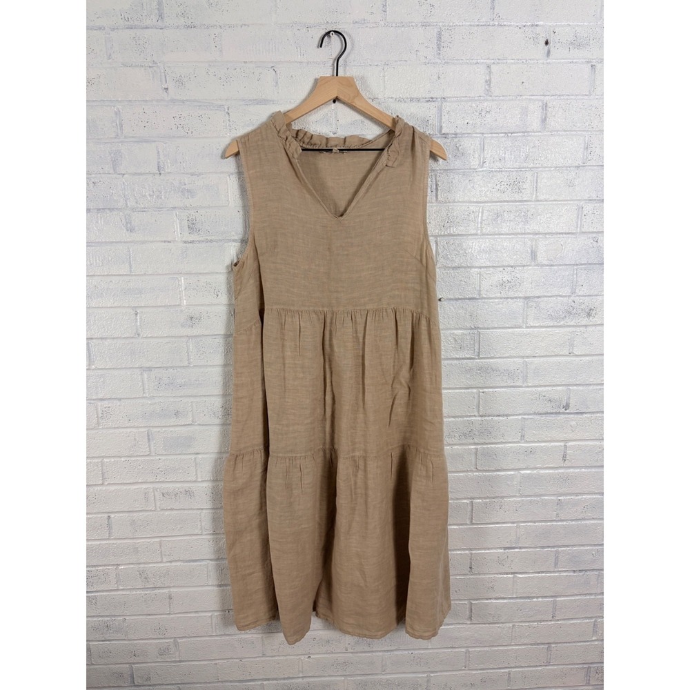 Le Ragazze Italian Linen Tiered Midi Dress Womens M Taupe Sleeveless Relaxed Fit